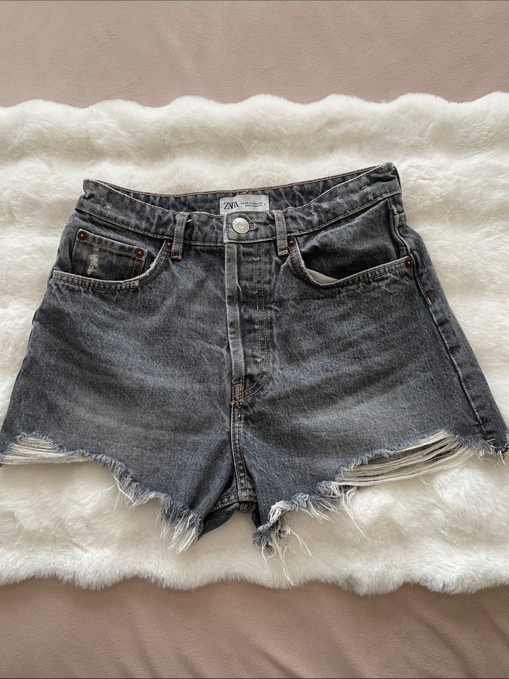 ZARA Washed Black Distressed Denim Shorts